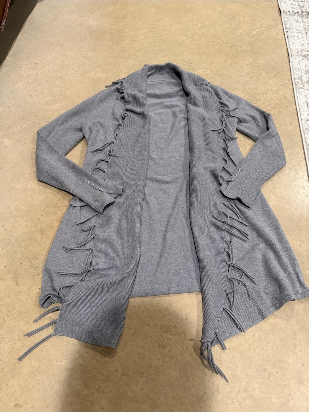 White House Black Market Gray Fringe Open-Front Cardigan
